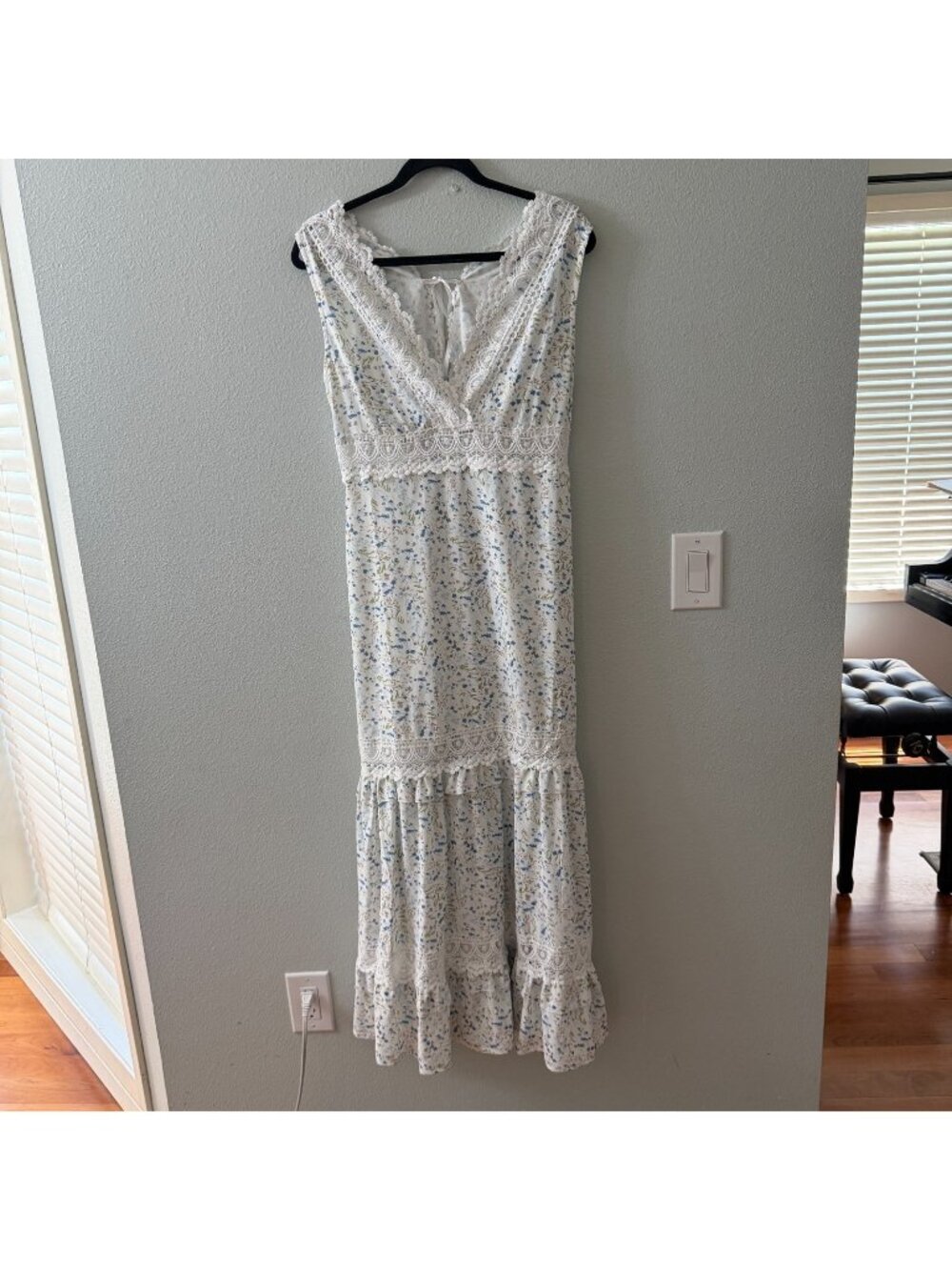 Eilly Bazar Blue White Romantic Midi Dress Womens LARGE Cottagecore Coquette
